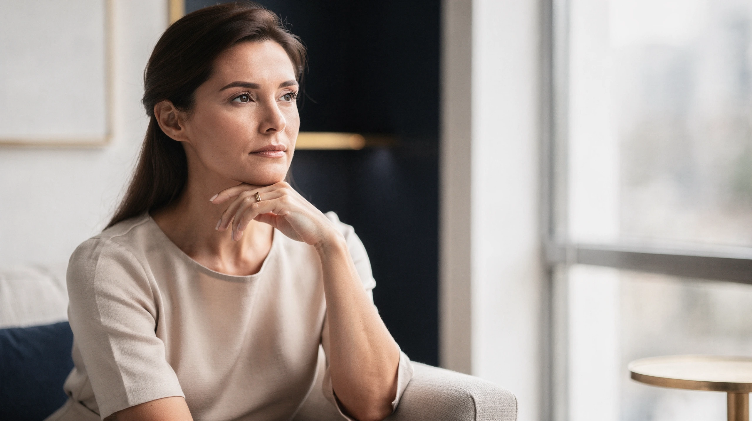 Woman in contemplative pose considering breast implant options