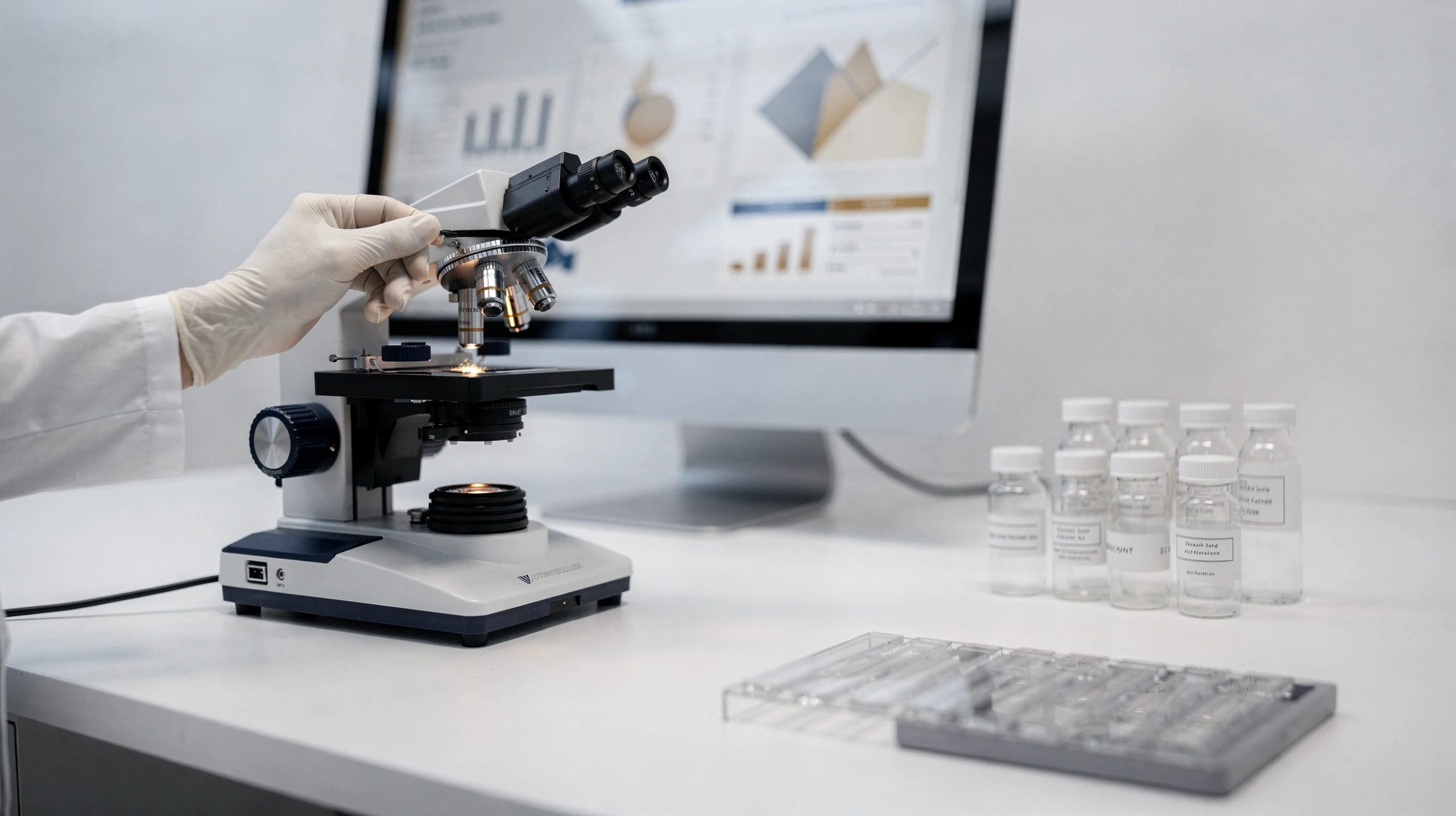 Gloved hand adjusting a microscope in a laboratory with charts on a monitor and sample vials in the background