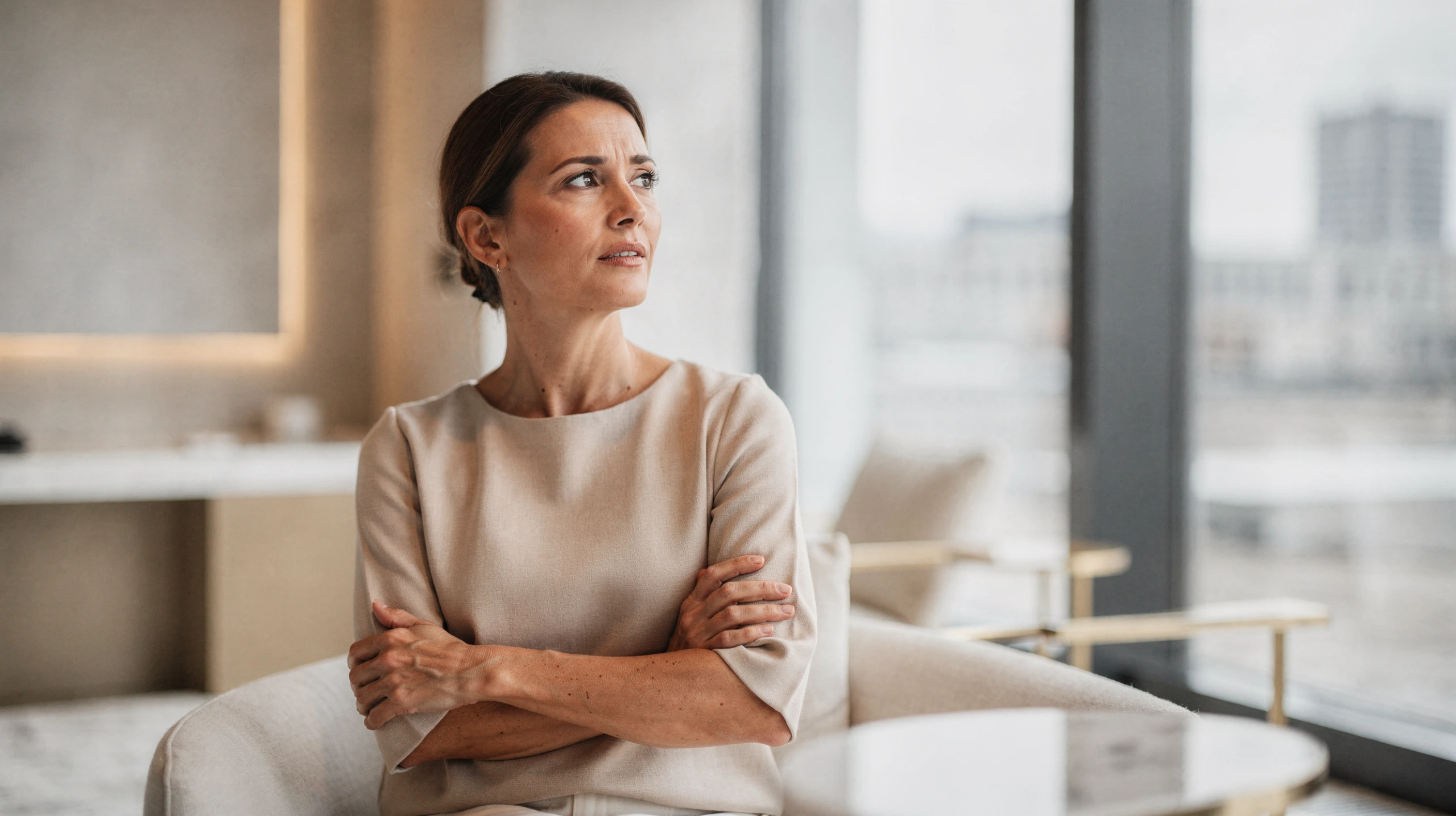 Woman looking concerned while sitting at a table in a modern high-rise office