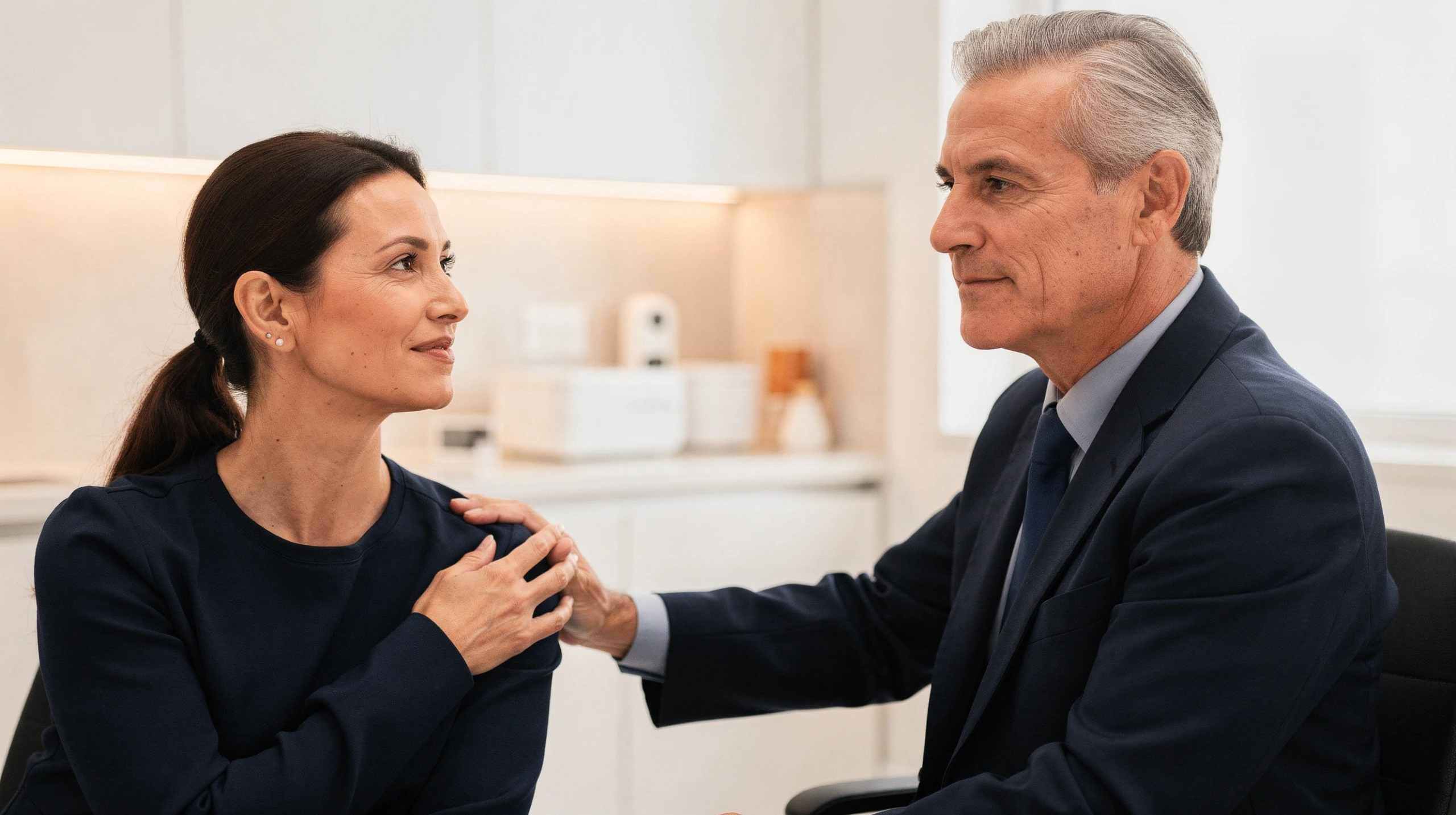 Doctor in navy blazer discussing breast implant safety concerns with a female patient in a clinical consultation room