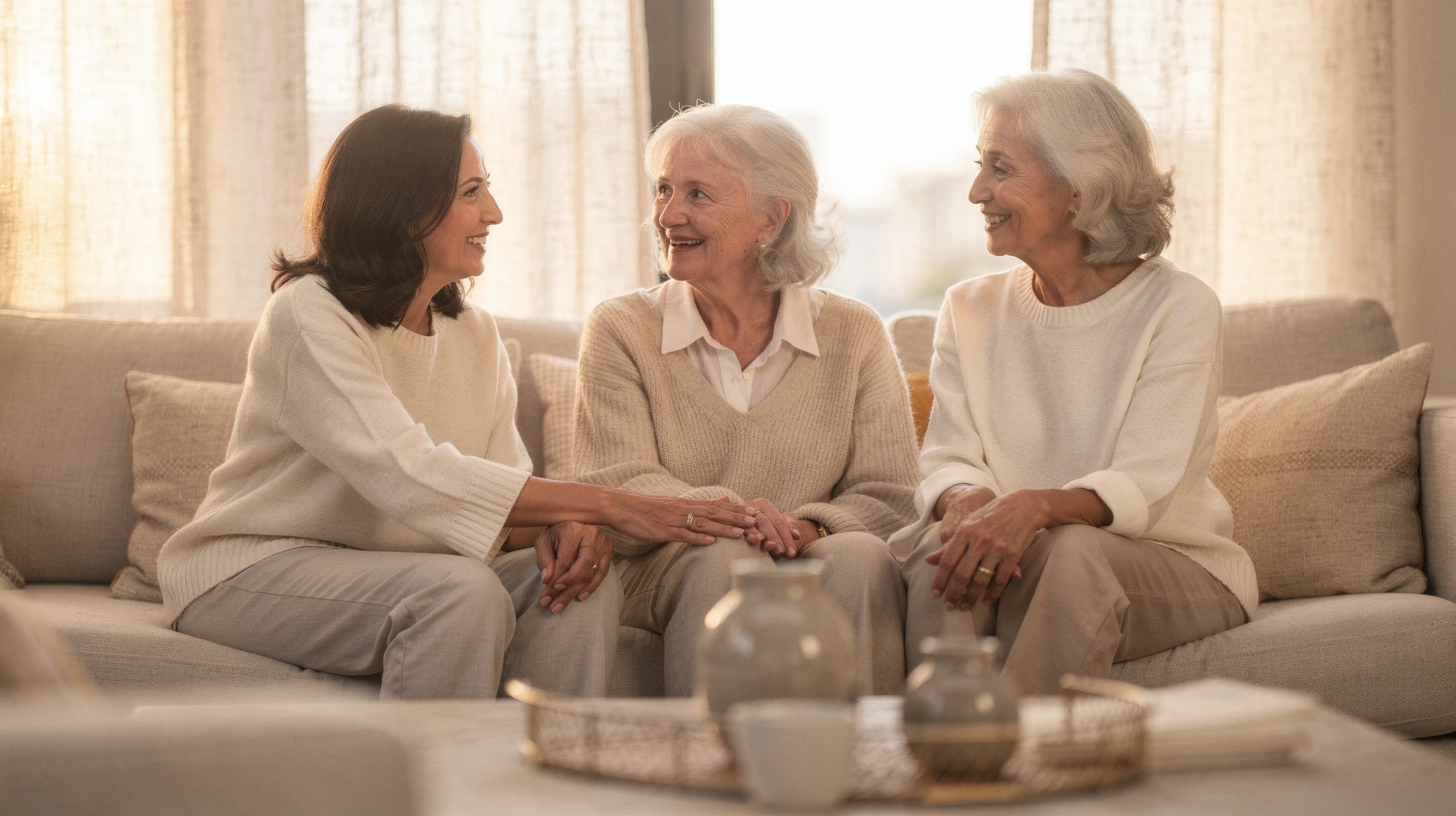 Three women sitting on a couch smiling and talking together in a bright living room