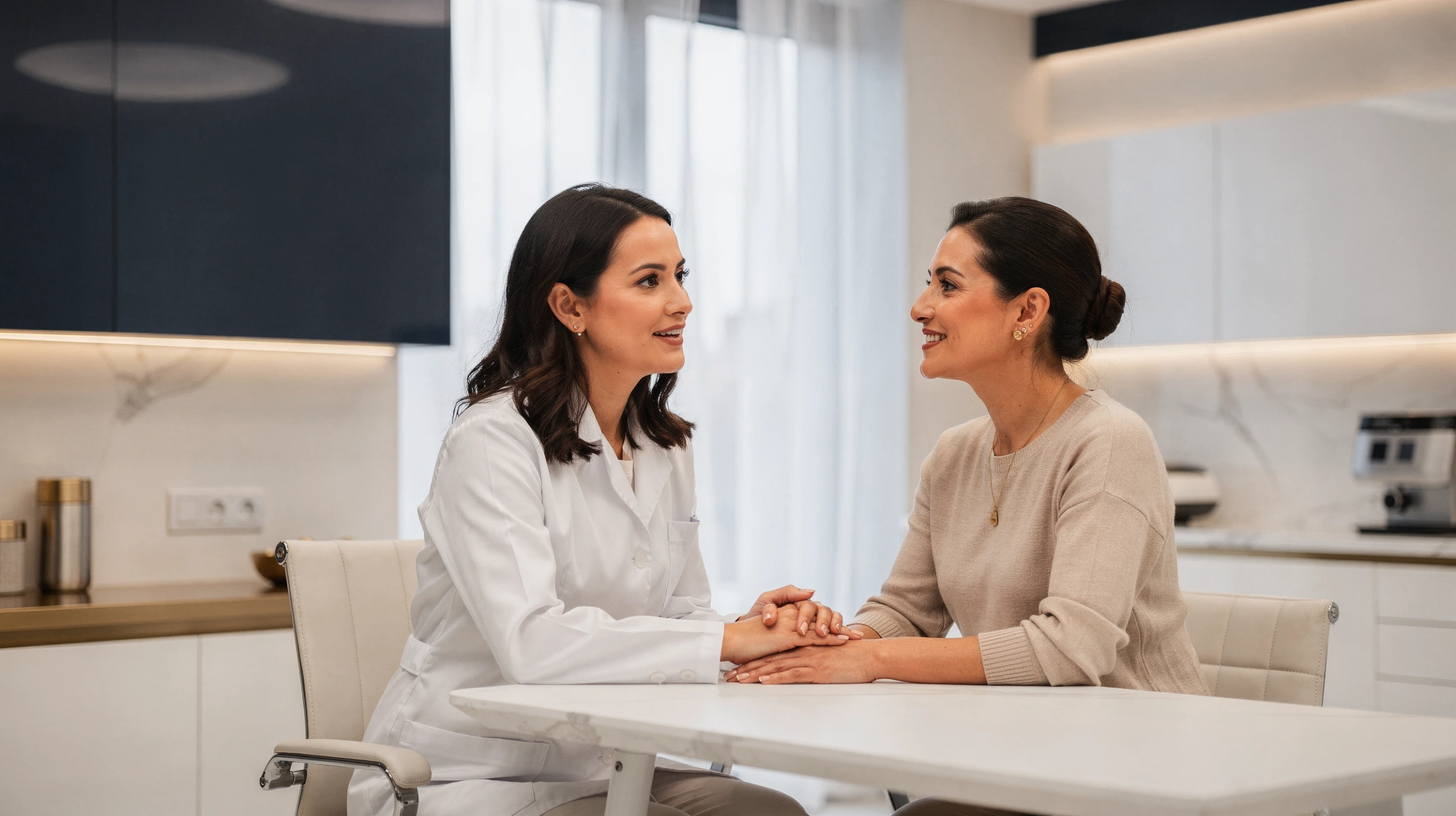Healthcare provider in white coat discussing BRCA gene information with a patient at a kitchen table