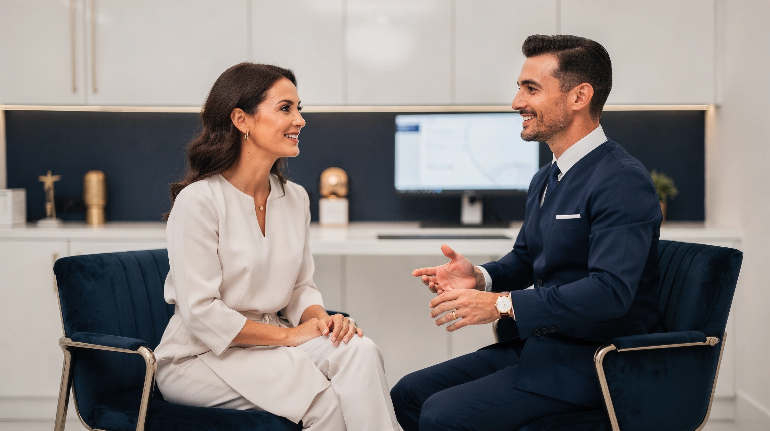 Plastic surgeon consulting with a patient about scar revision surgery in a modern clinic office