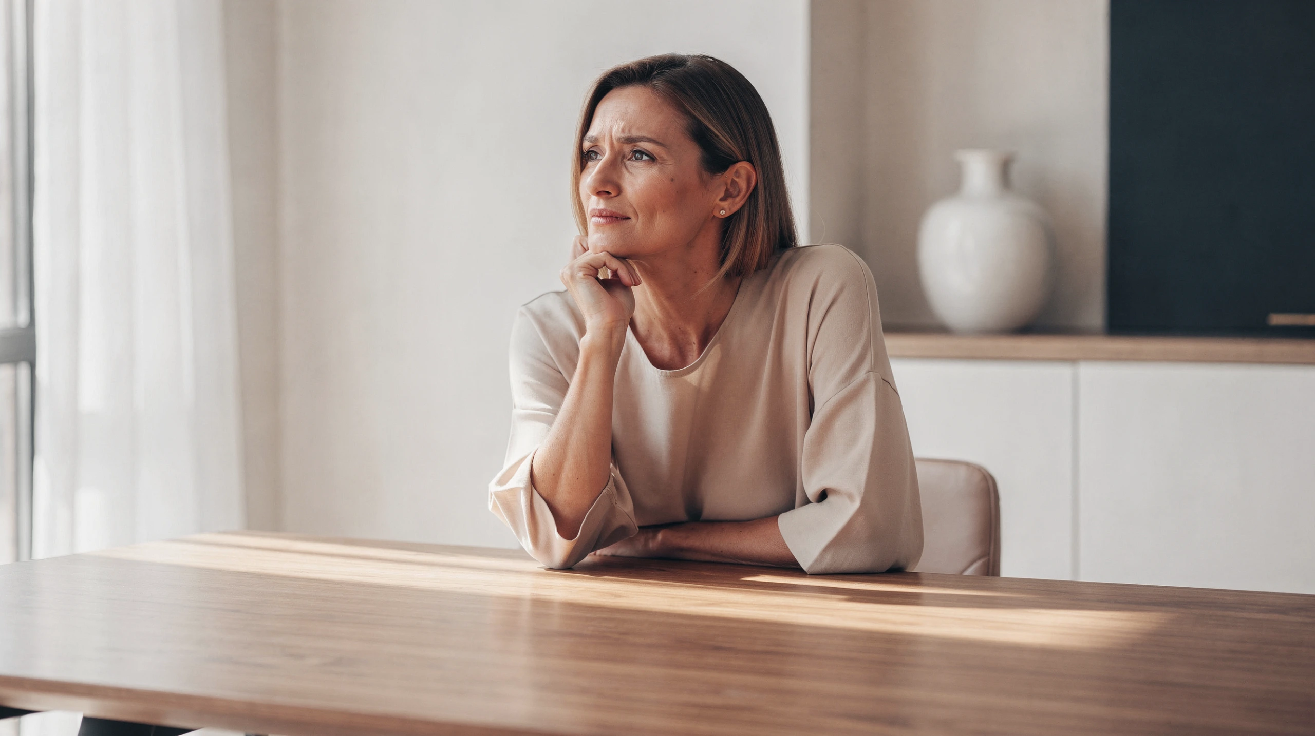 Woman contemplating saline breast implant options in a modern consultation setting