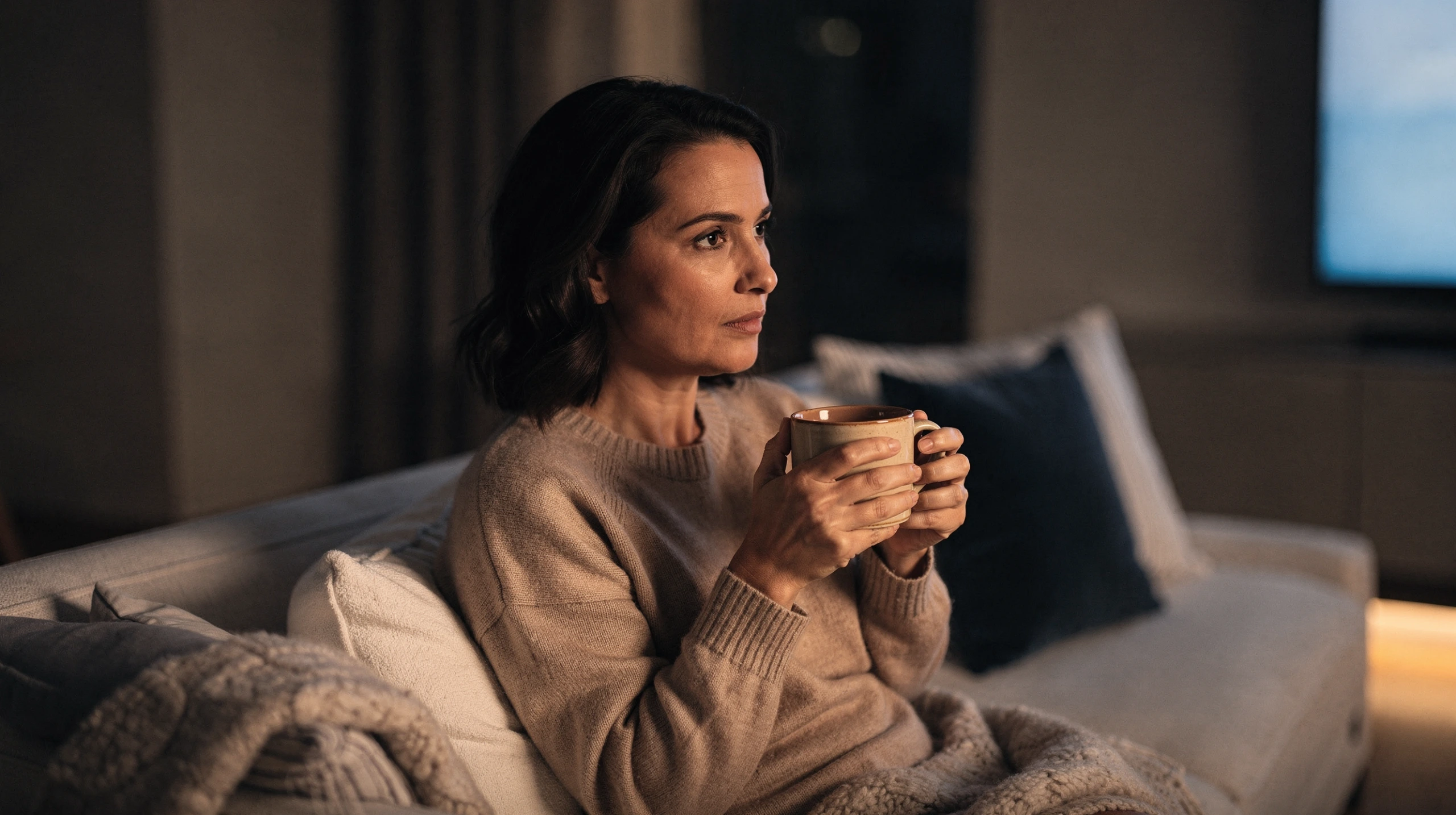 Woman sitting on a couch holding a mug, looking pensively to the side