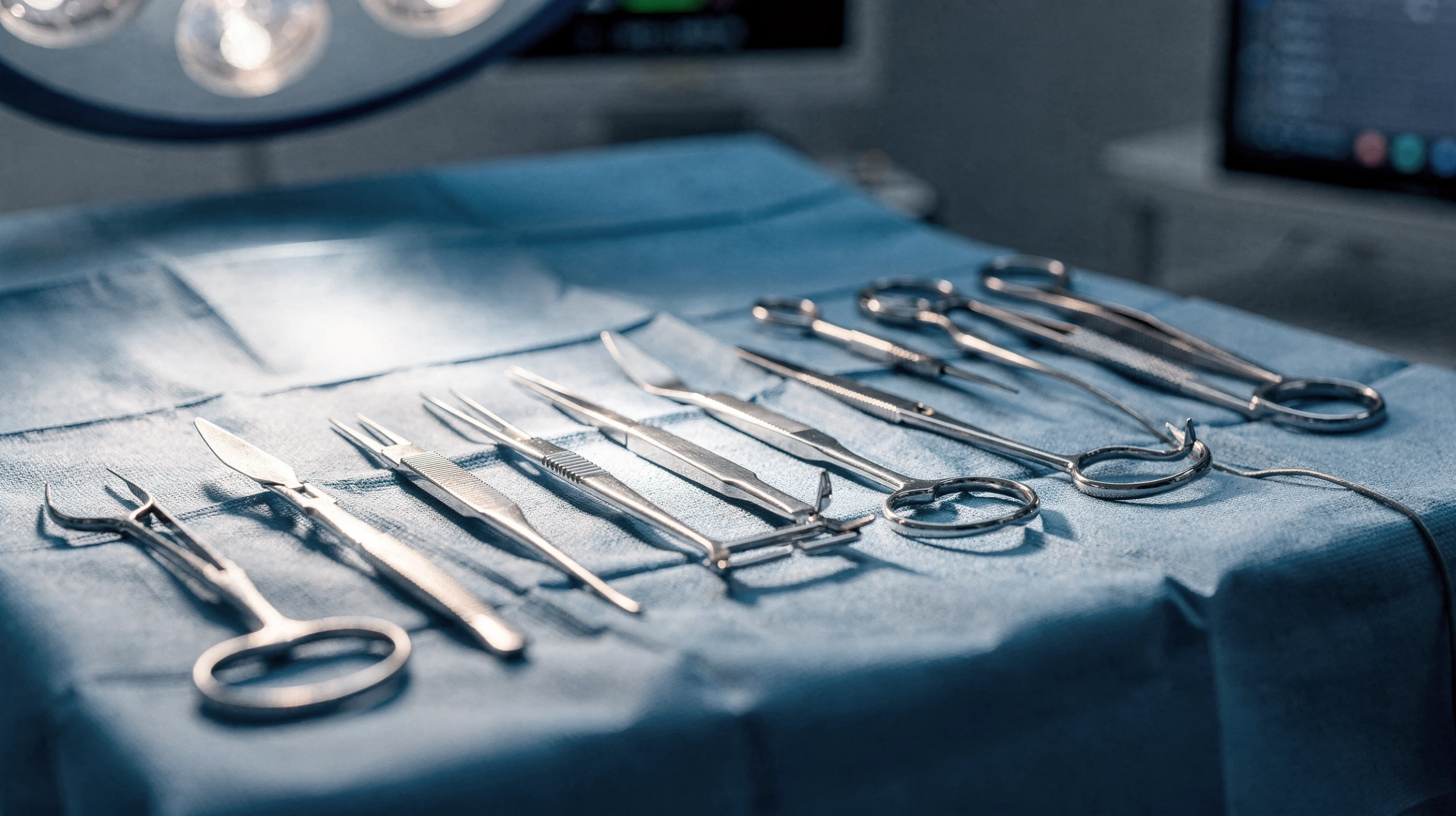 Surgical instruments laid out on a sterile blue drape in an operating room with overhead lights visible