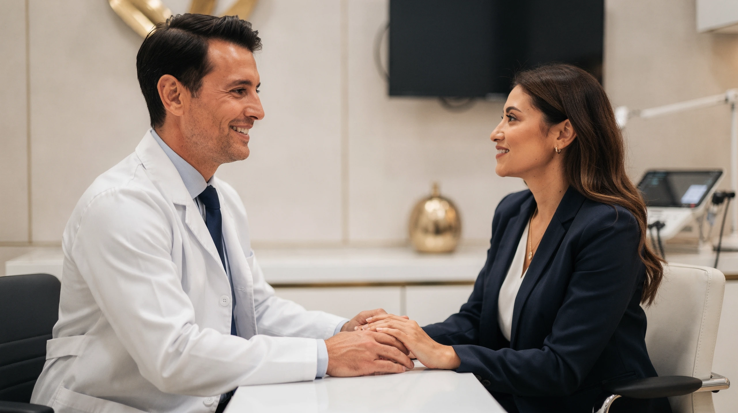 Plastic surgeon in white coat consulting with woman at modern clinic desk