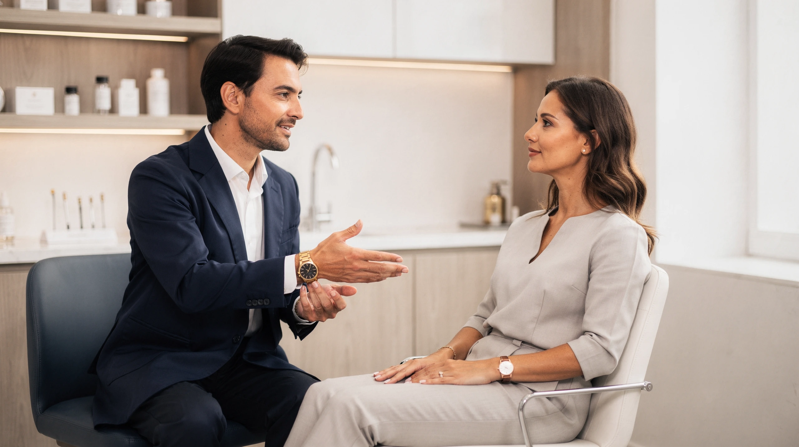 Man in business attire discussing en bloc capsulectomy with a woman in a clinical consultation room