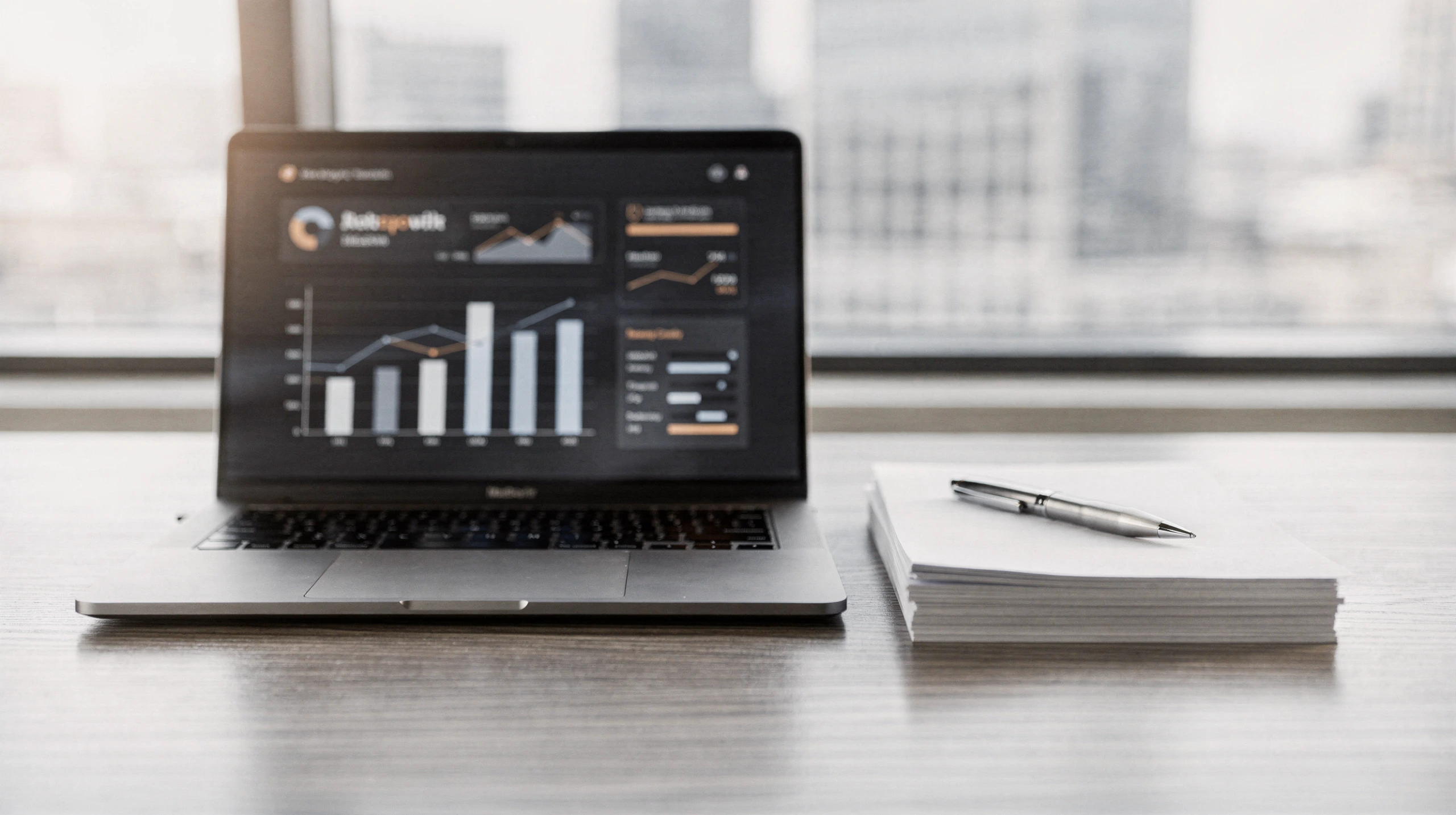 Laptop displaying analytics dashboard with bar charts and data metrics, next to notepad and pen on desk with city skyline in background