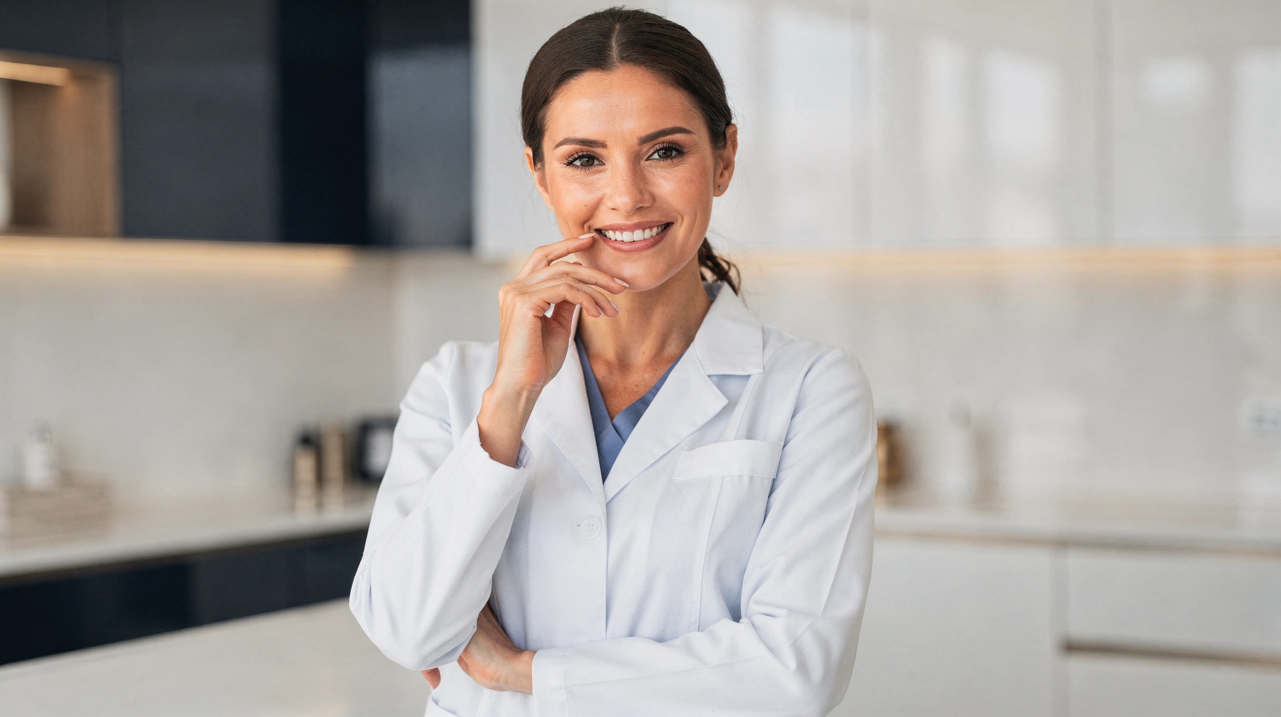 Woman in white medical coat smiling in a clinical setting