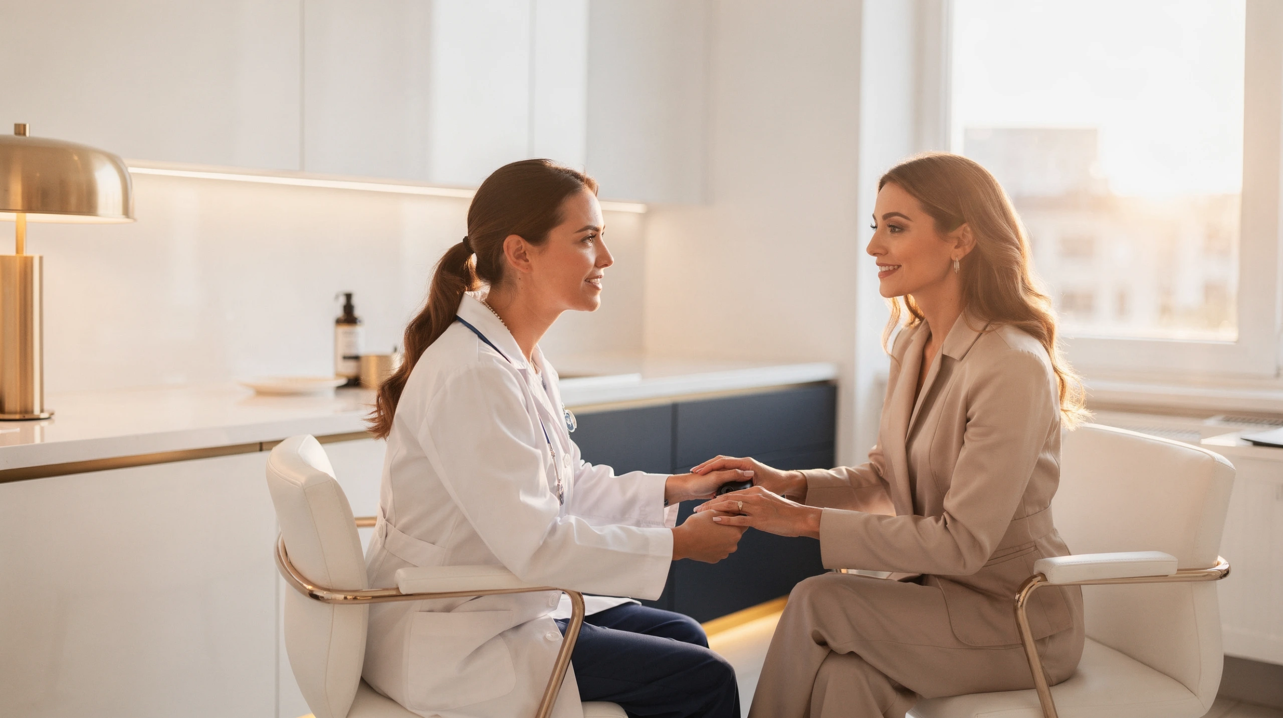 Healthcare provider in white coat consulting with patient in modern medical office
