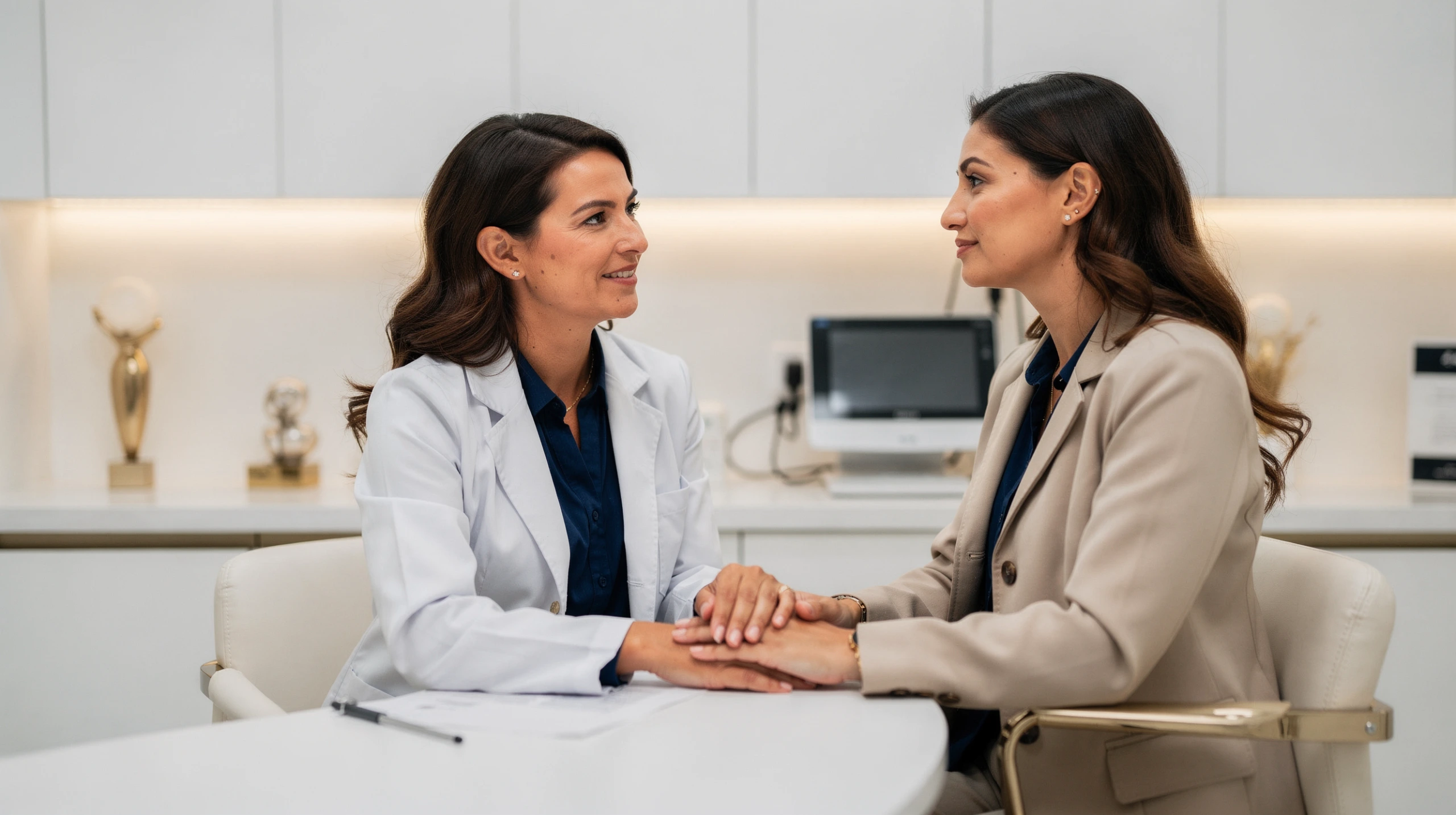 Plastic surgeon in white coat consulting with patient about capsular contracture in modern clinic