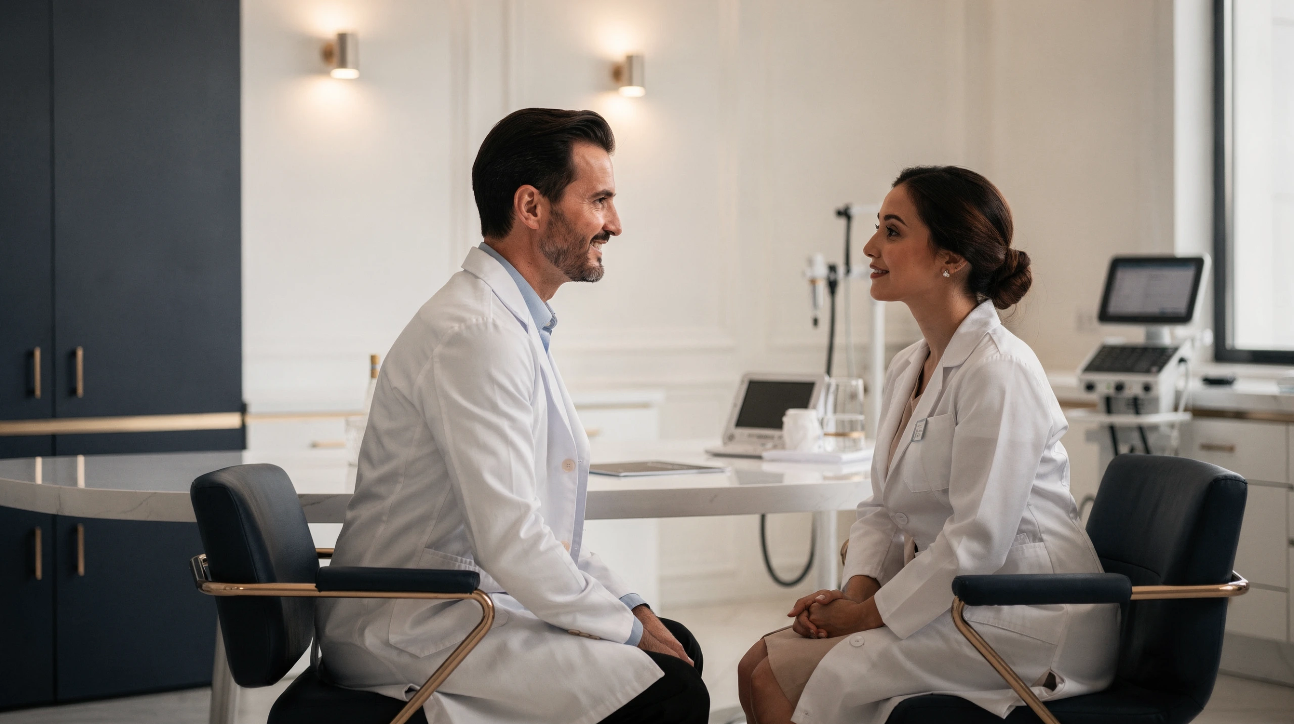 Plastic surgeon and patient consulting in a modern AAAASF-certified surgical facility
