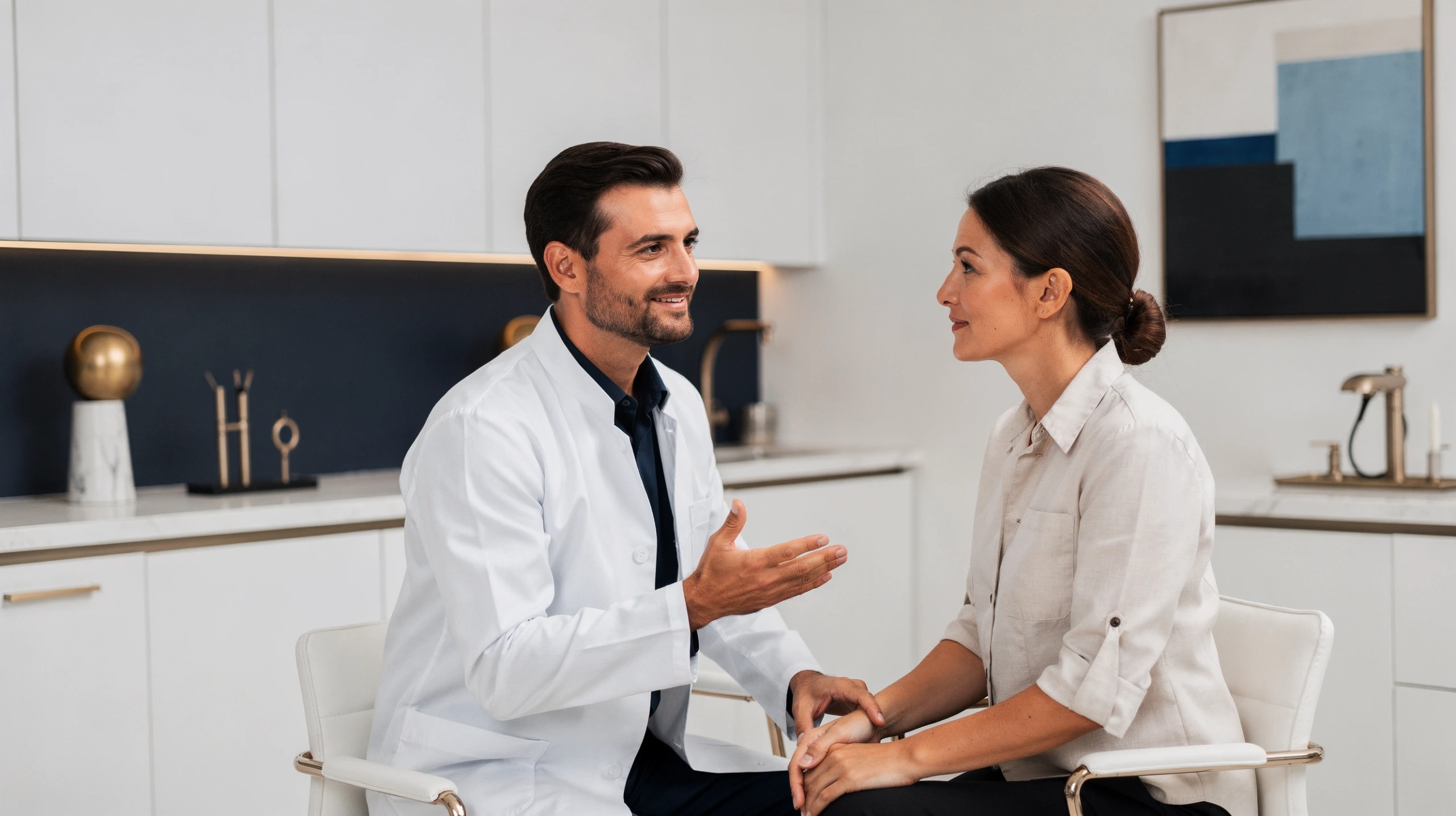 Plastic surgeon in white coat consulting with a patient in a modern clinical setting