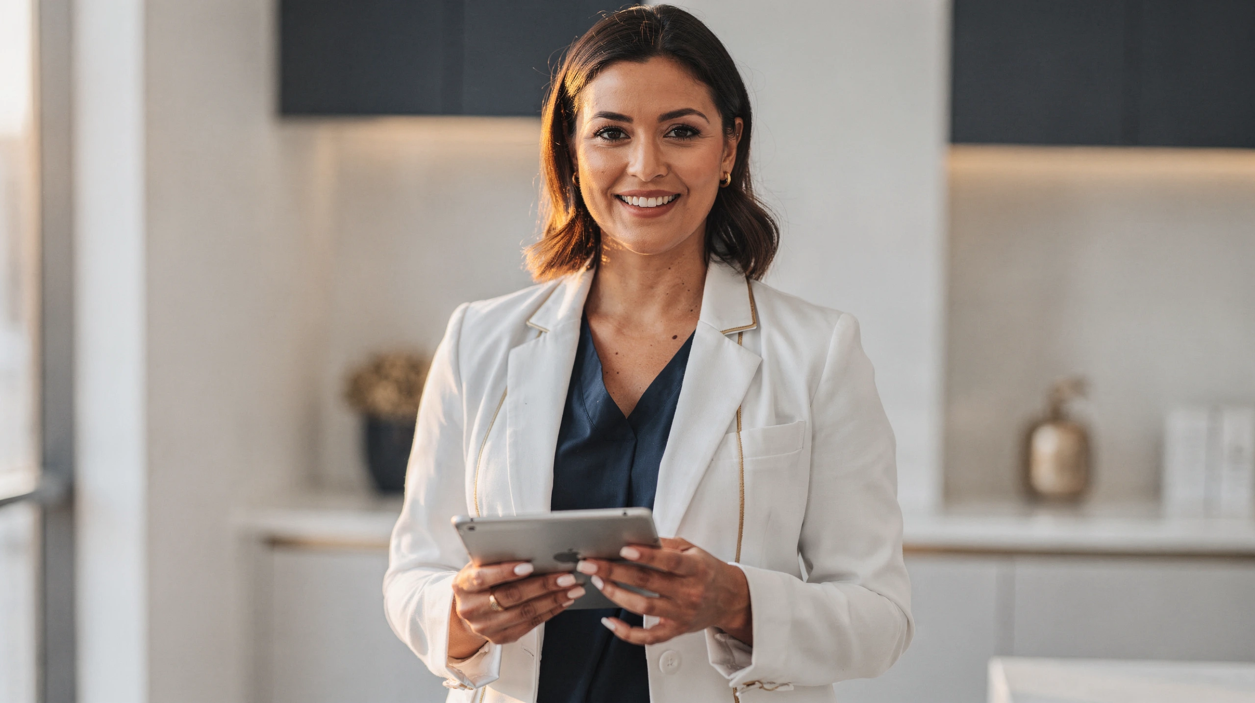 Woman in white medical coat holding tablet in modern clinic setting