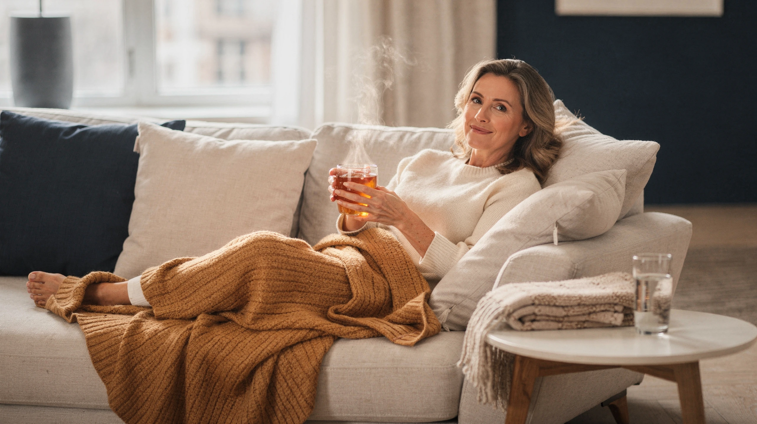 Woman resting on a couch with a blanket during breast implant removal recovery