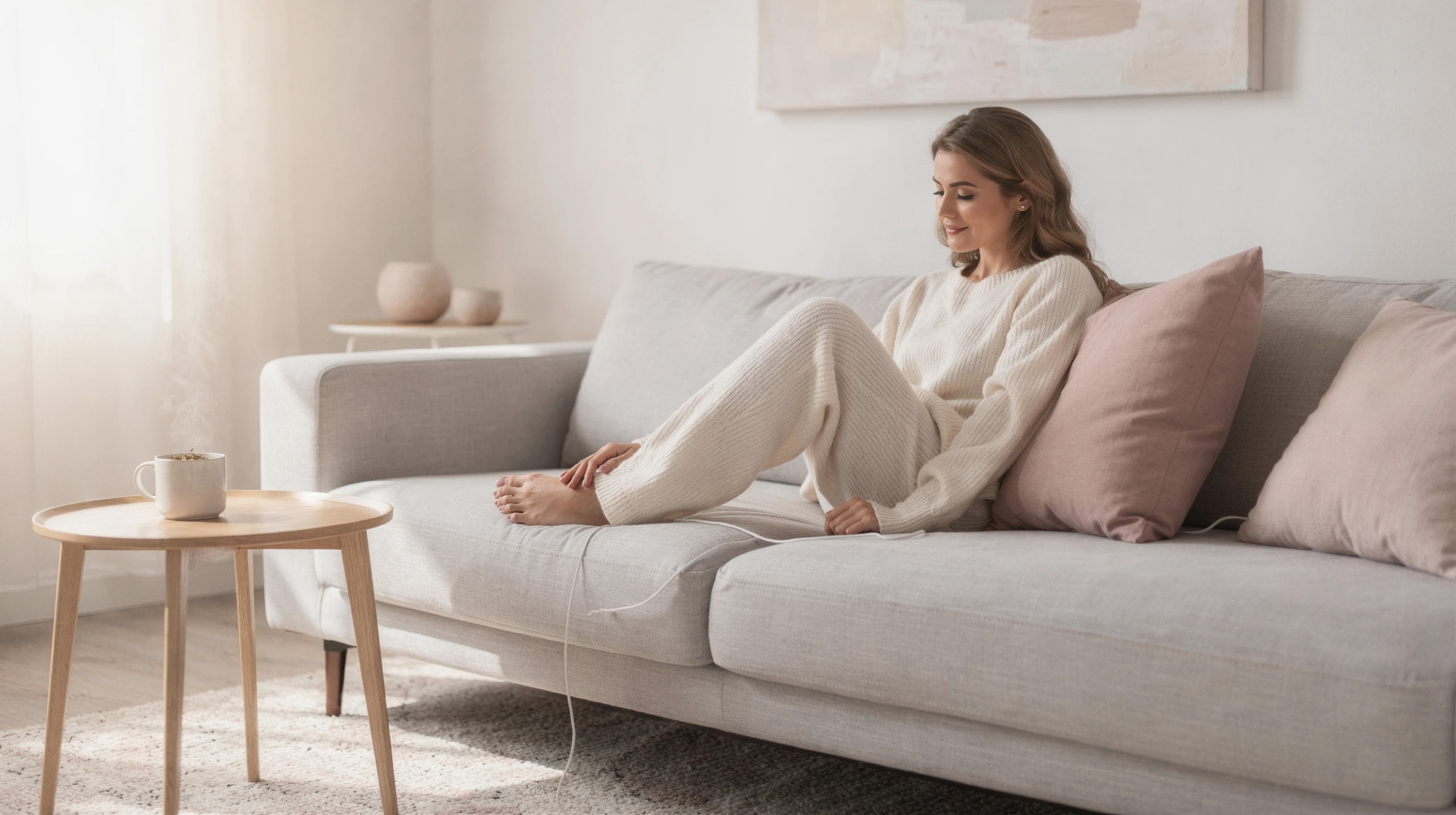 Patient resting comfortably at home wearing a compression garment during recovery