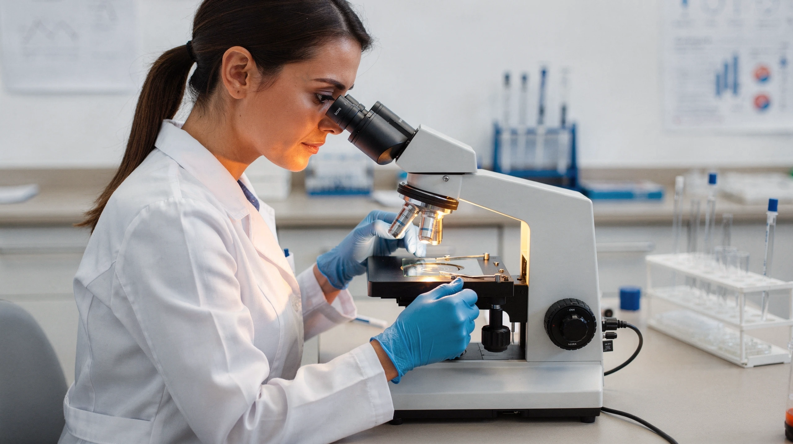 Pathologist examining a specimen slide under a microscope in a medical laboratory