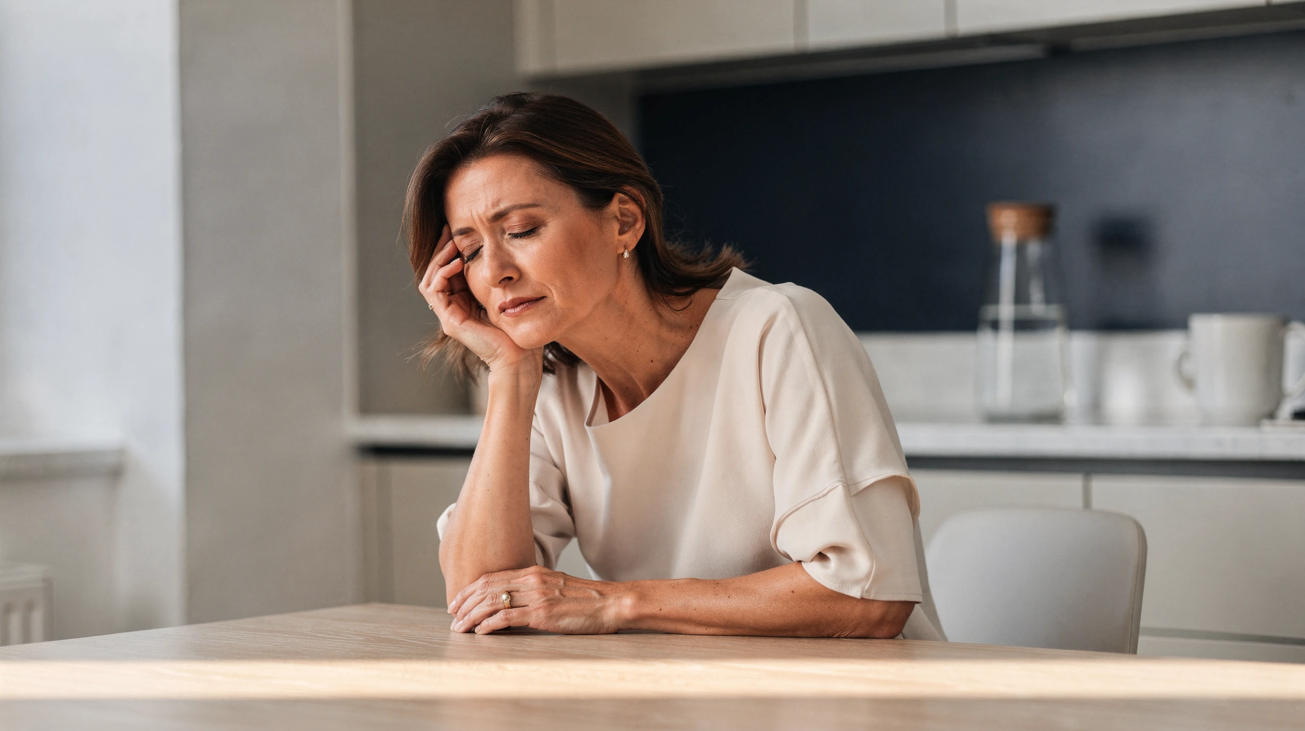 Woman holding her head with a concerned expression while seated at a kitchen counter