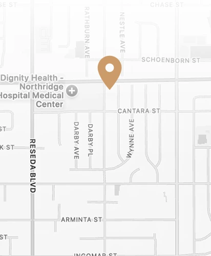 Map with tan location pin marking Executive Plastic Surgeon's office near Northridge Hospital