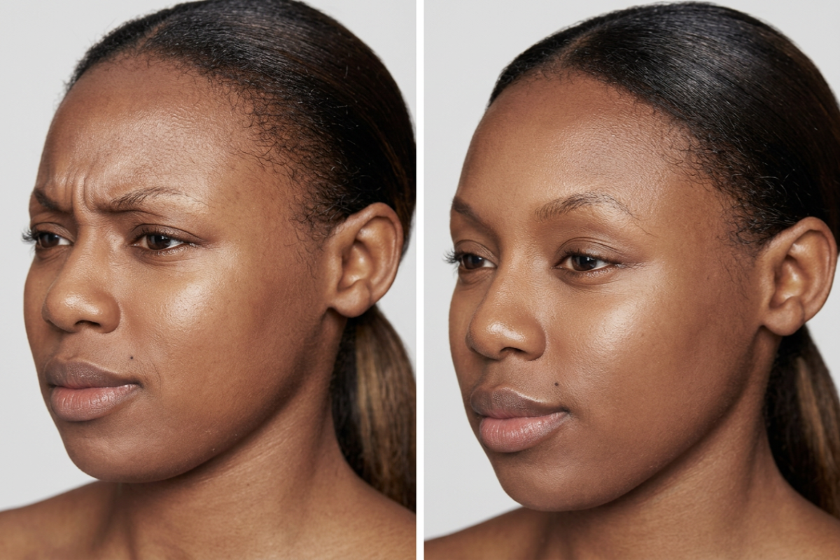 Before and after profile view of woman's face showing relaxed frown lines between brows