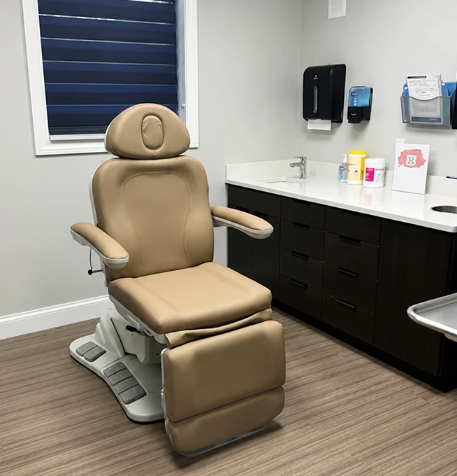 Medical consultation room with tan adjustable chair, sink, and supplies