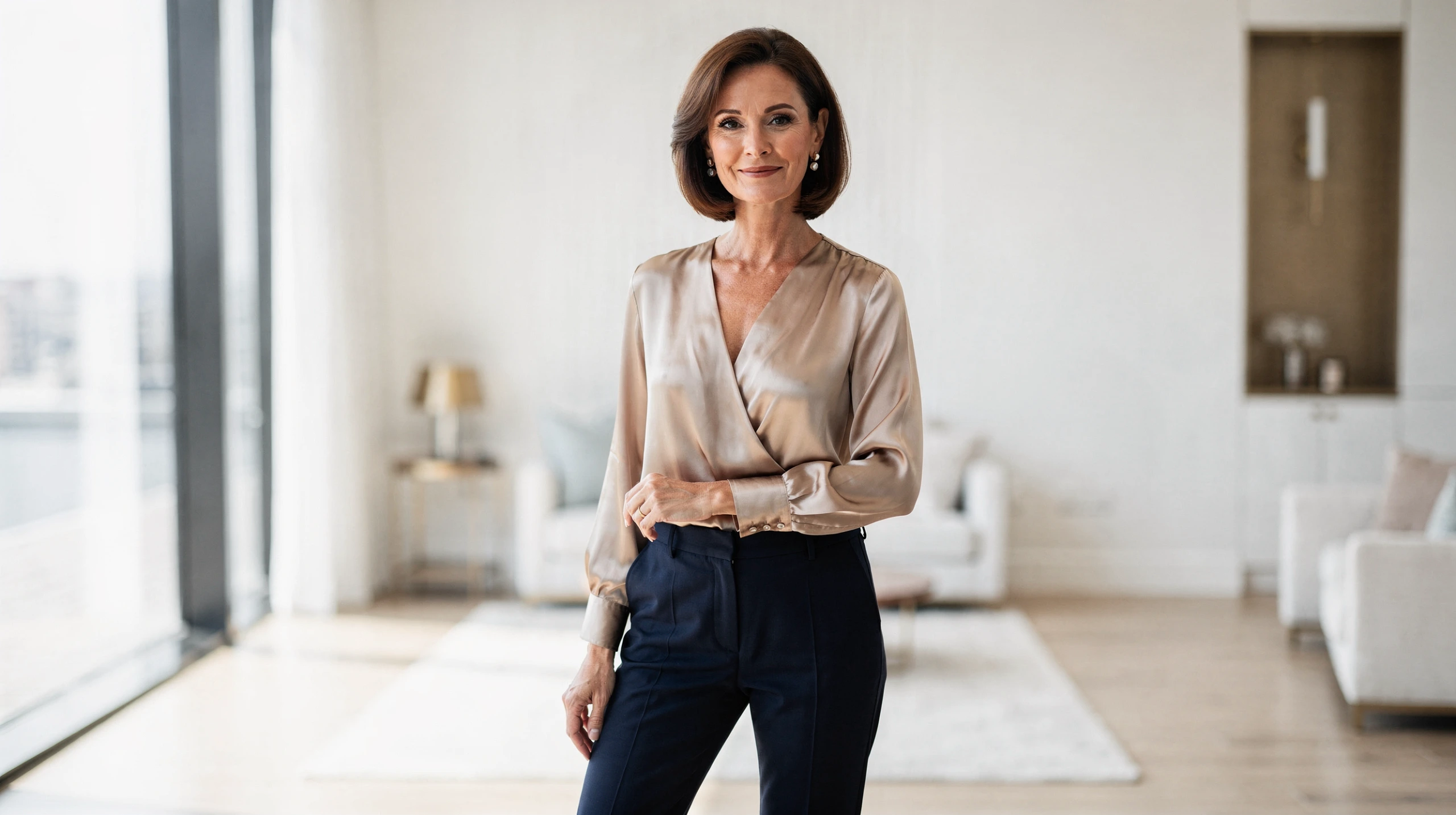 Woman in beige blouse and navy pants standing in a modern clinic interior with minimalist décor